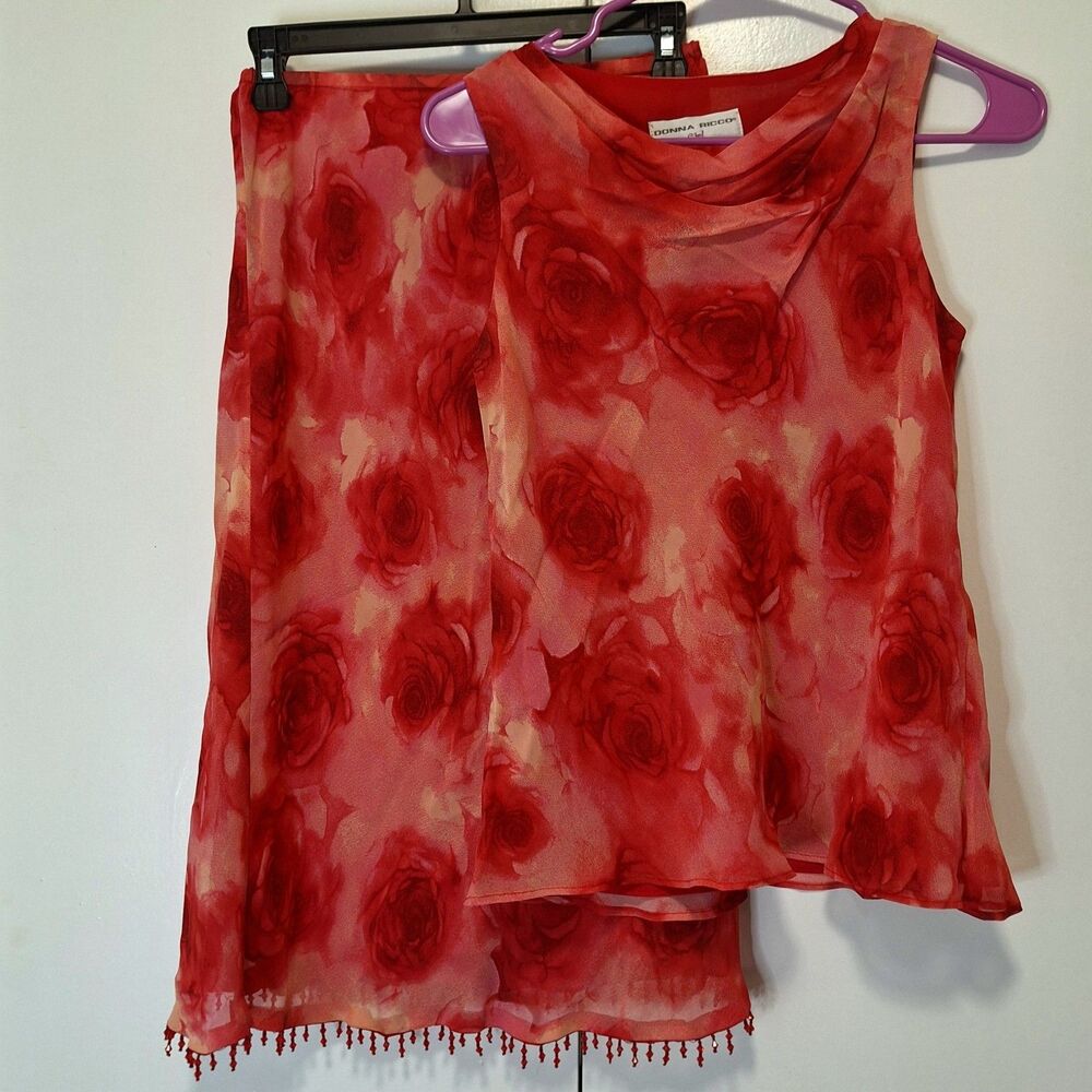 Donna Ricco Girl Rose Floral Skirt & Top Beaded Hemline 90s Y2K Set Red Size 16